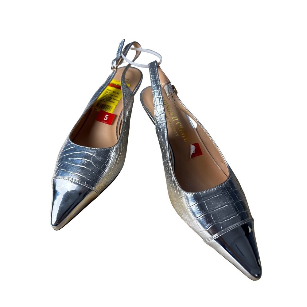 Things II Come Silver Croc Embossed Slingback Kitten Heel Pumps Chic Size‎ 5 NWB